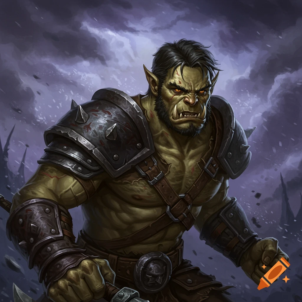 Painting of a male half-orc in armor against a cloudy sky.