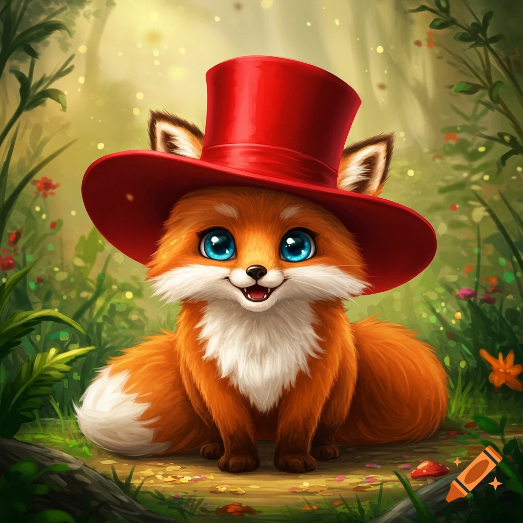 A cute fox wearing a red top hat sits in a forest clearing.