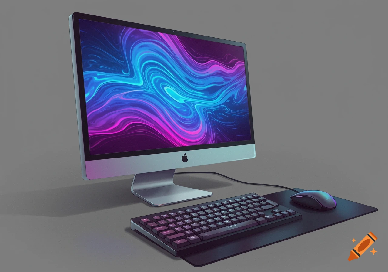 A computer setup with vibrant blue and pink screen wallpaper.