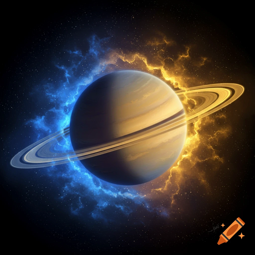A celestial body resembling Saturn with prominent rings is centered, split by the division of surrounding cosmic clouds. One side of the scene is dominated by vibrant orange clouds, while the other is filled with cool blue hues. A backdrop of countless stars completes the cosmic landscape.