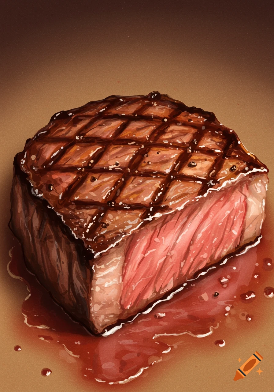 A cooked steak with a rare interior is shown in juices on a brown background.