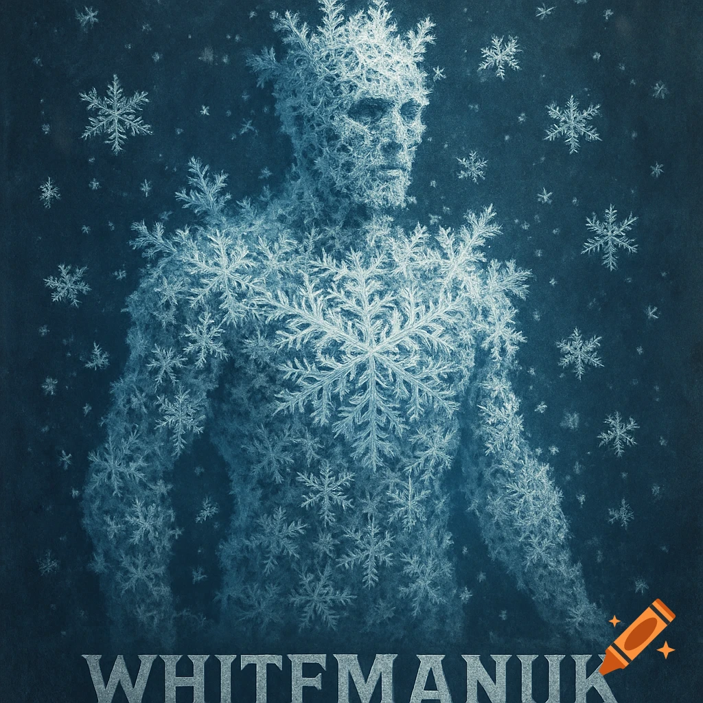 A figure composed of snowflakes against a dark blue background with falling snow. Text reads WHITEMANUK.