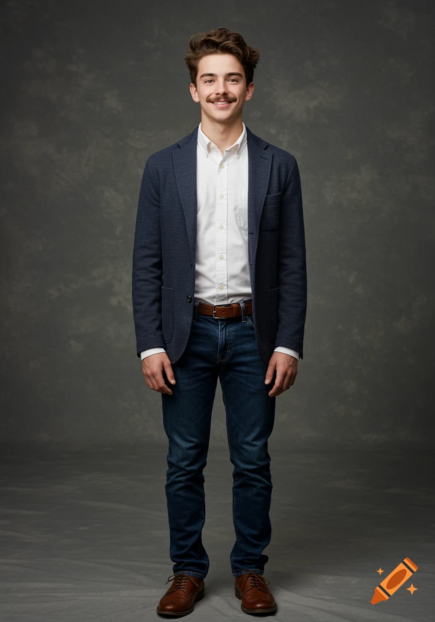 A young man in a blue blazer and jeans stands in a studio for a senior portrait.