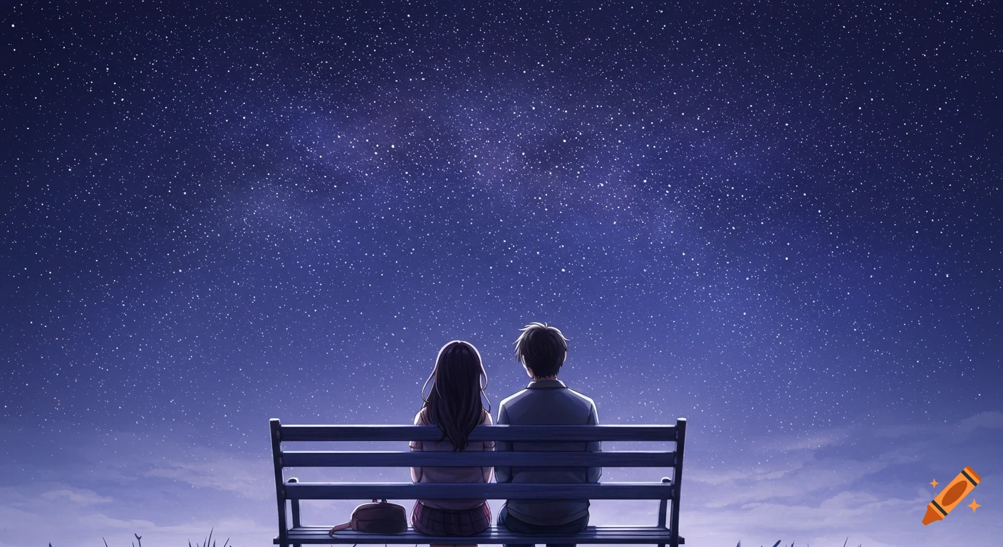 An anime style image of a couple sitting on a bench, looking up at a starry night sky.