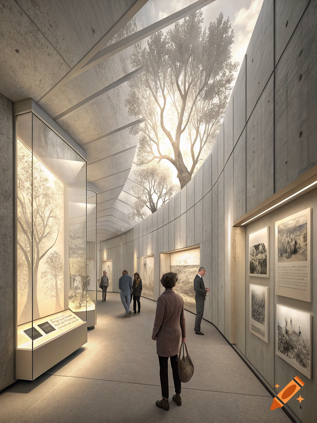 Interior view of a modern concrete museum gallery with visitors looking at exhibits, featuring a large tree visible through a skylight.