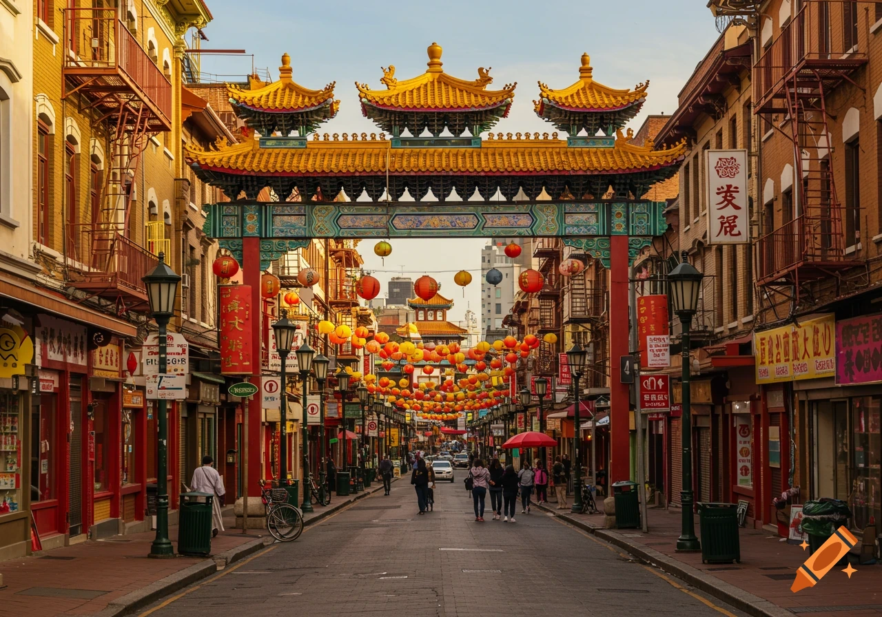 A bustling street scene in Chinatown, featuring an ornate archway, buildings, lanterns, and pedestrians.