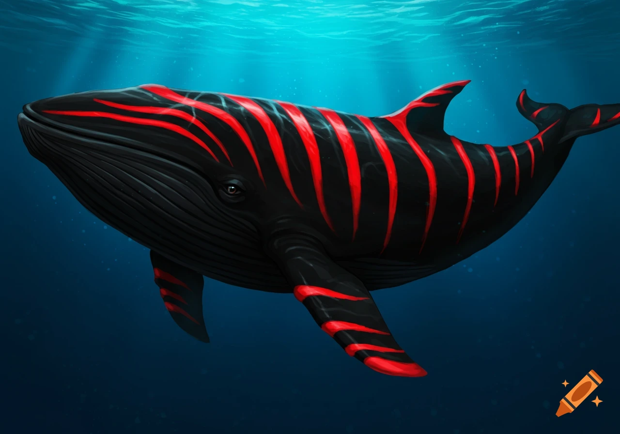 A black whale with red stripes swimming underwater.
