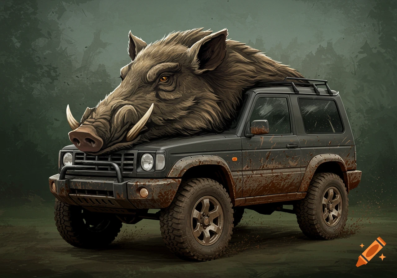 A muddy four-wheel drive vehicle with a giant boar's head on the hood