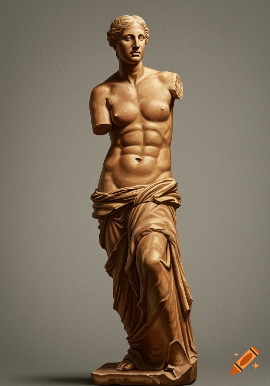 A muscular statue resembling Venus de Milo on a grey background