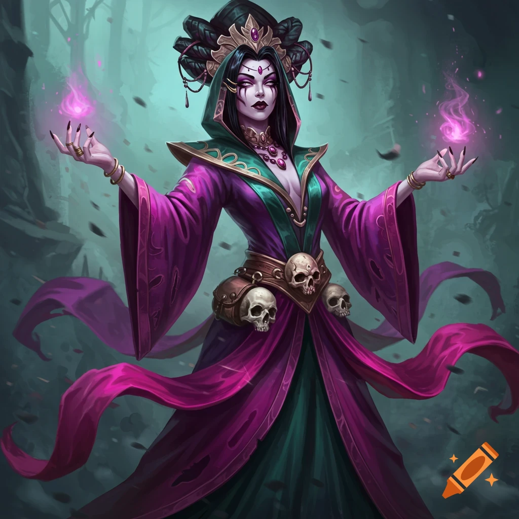 An undead female necromancer in purple robes holding glowing purple flames in a forest.