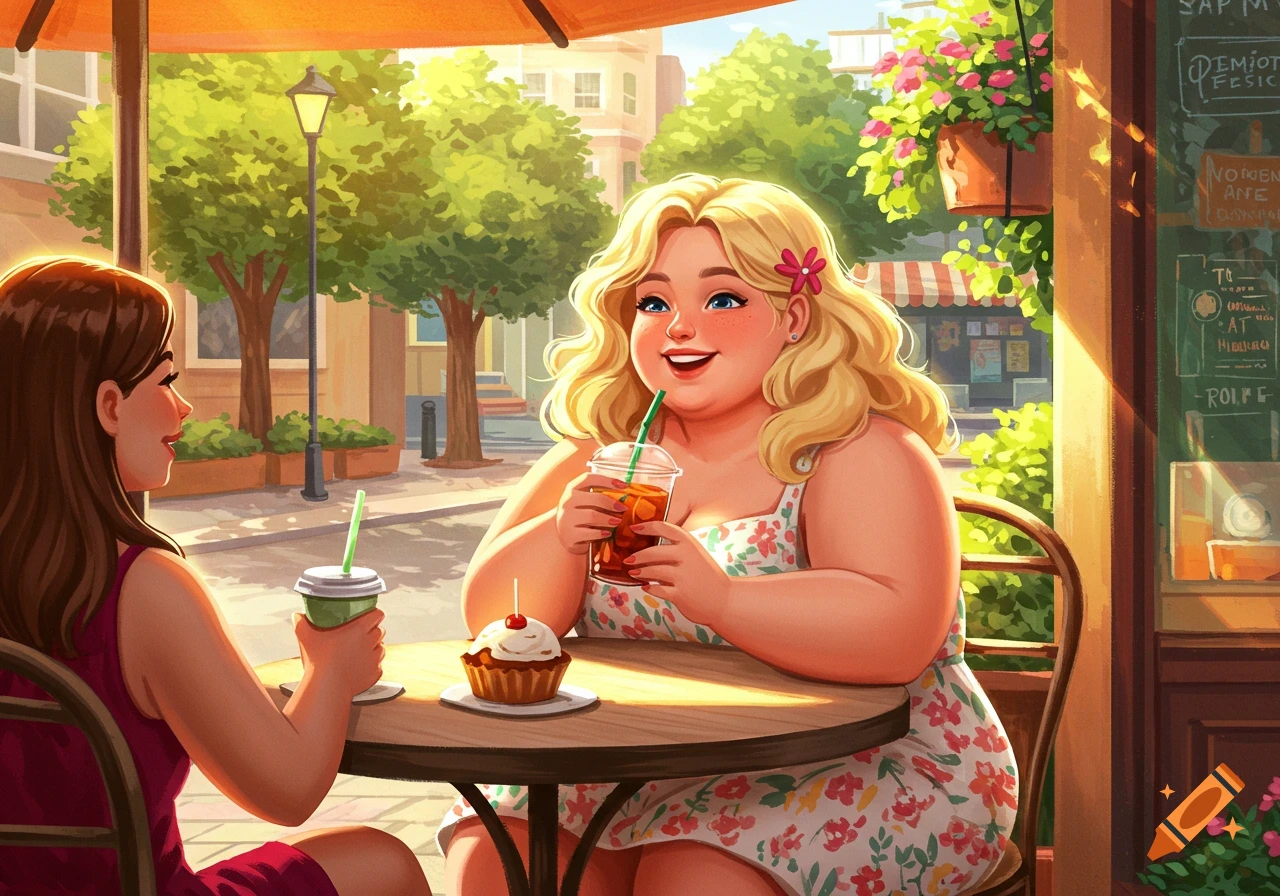 Two women are having drinks and a cupcake at a sunny outdoor cafe.