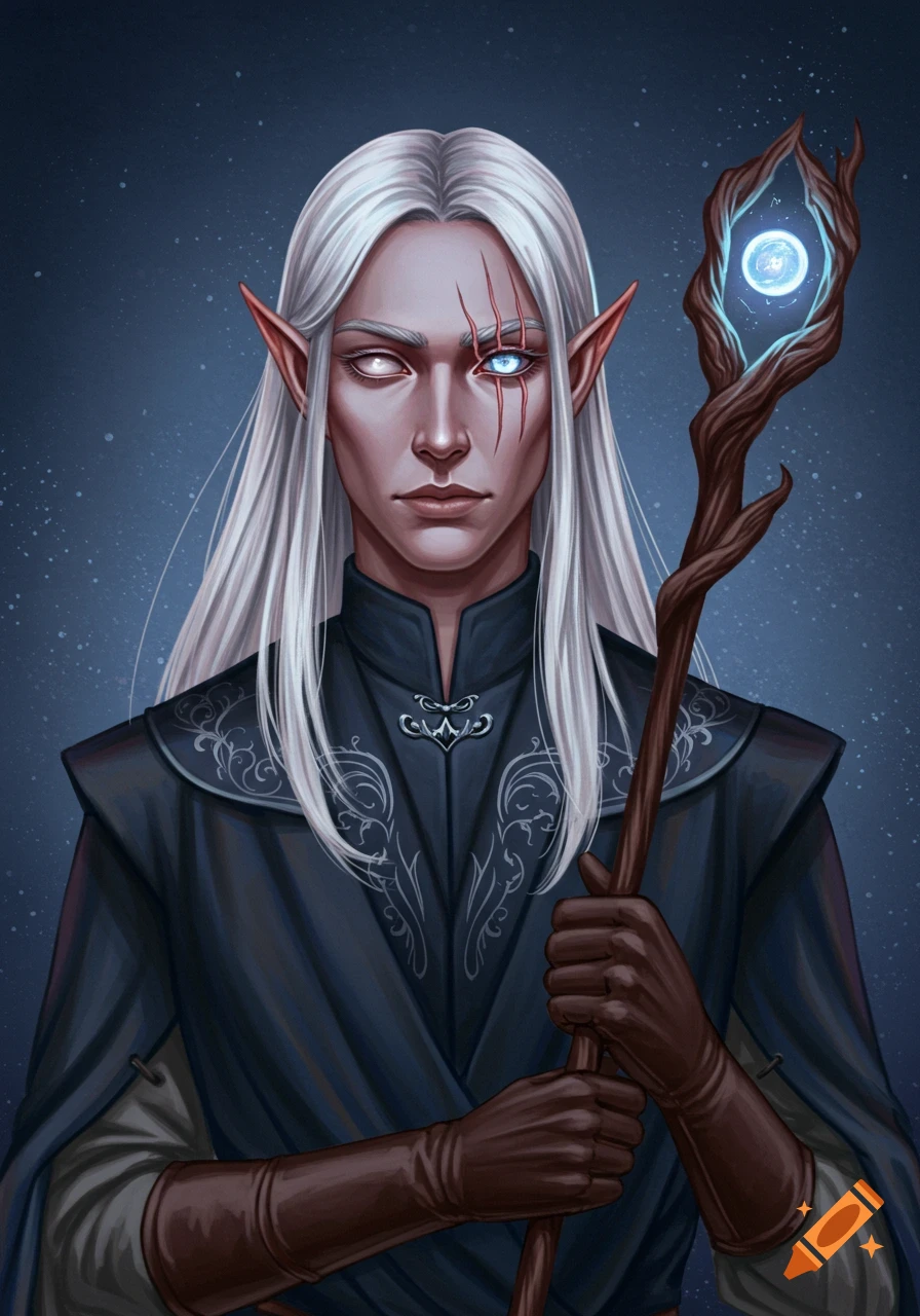 An image of a moon elf with white hair, a scarred face, glowing eye, and holding a glowing staff.