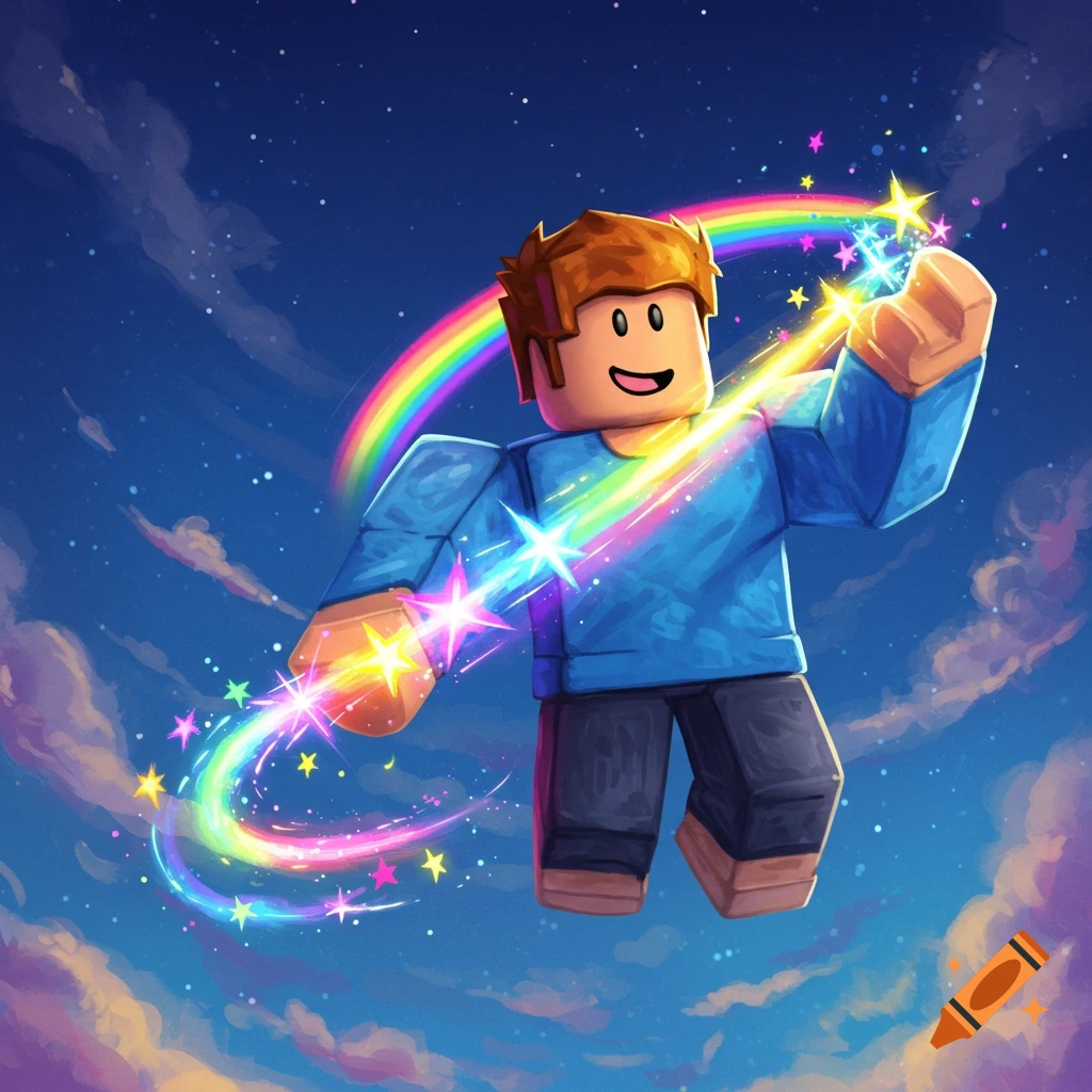 A blocky character flies in a starry sky with a rainbow and sparkling stars.