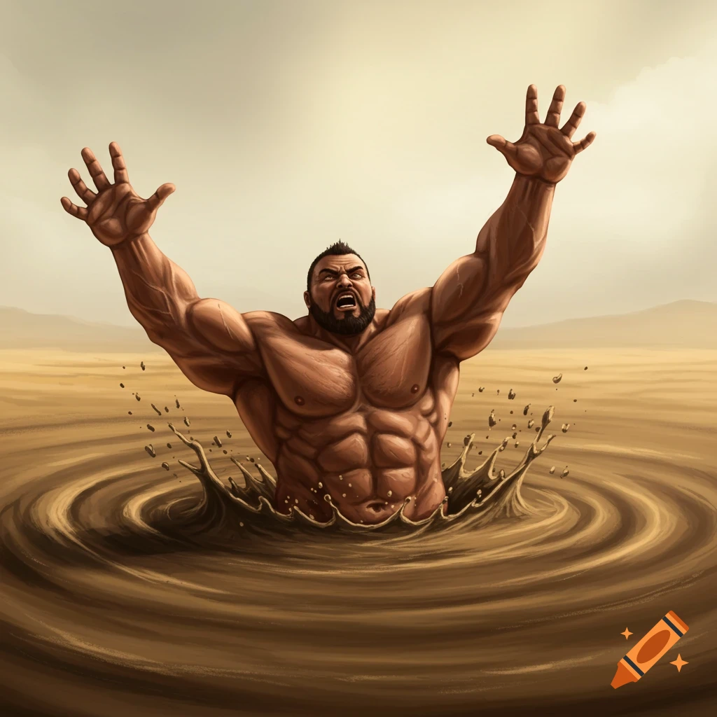 A muscular man struggles while sinking in swirling quicksand.
