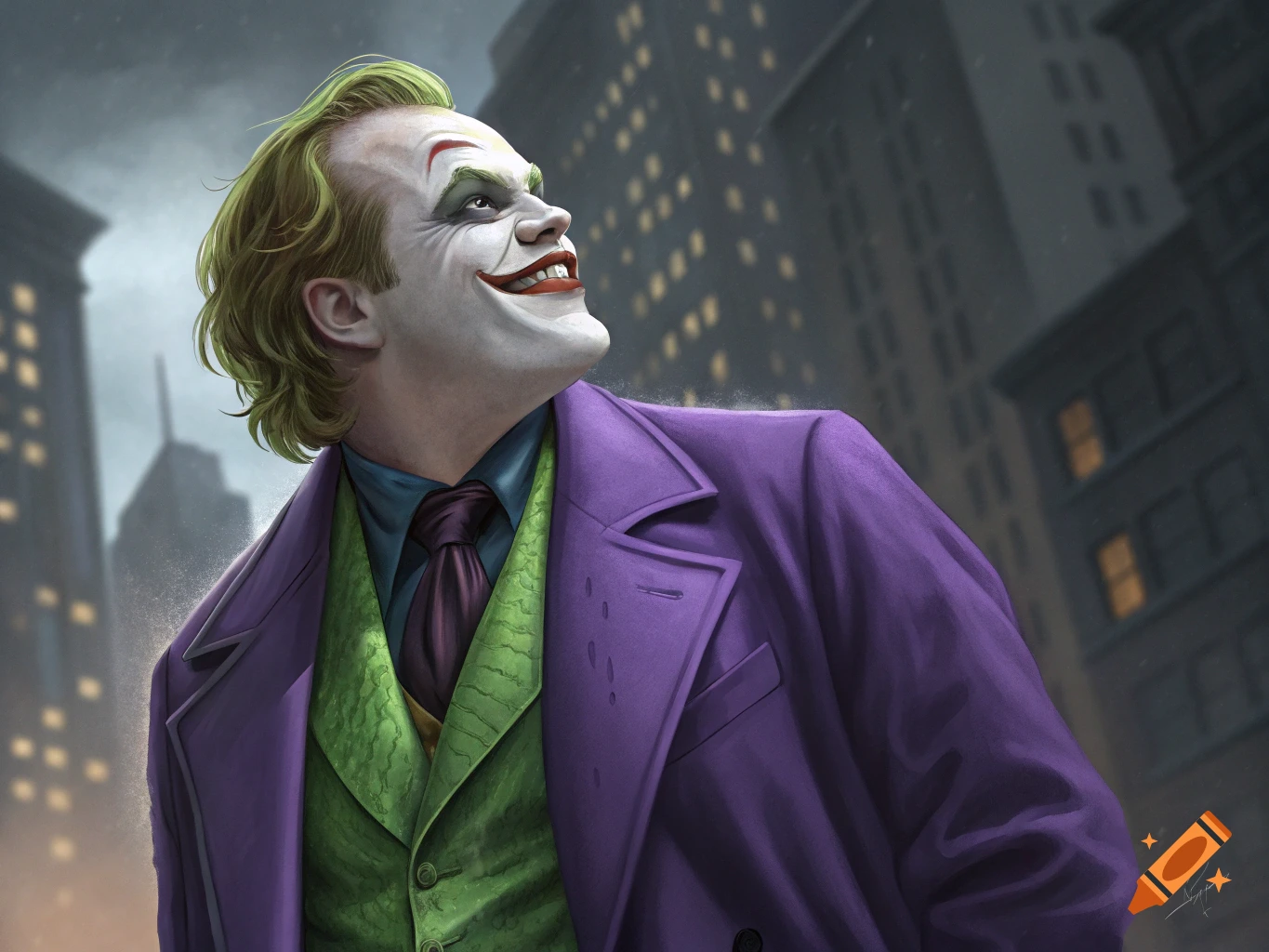 Realistic painting of the Joker wearing a purple coat and green vest in a city setting