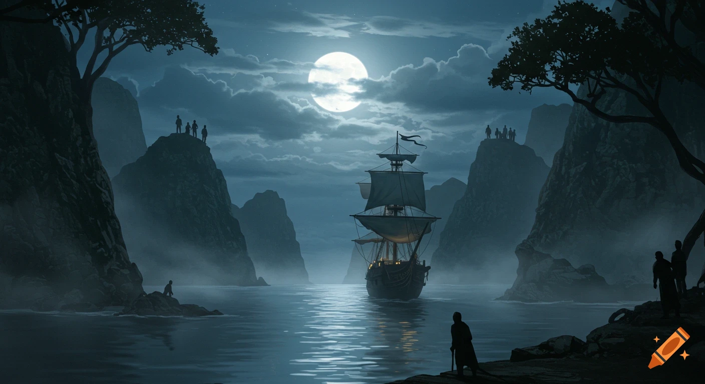 A sailing ship sails into a moonlit inlet with silhouetted figures watching from cliffs