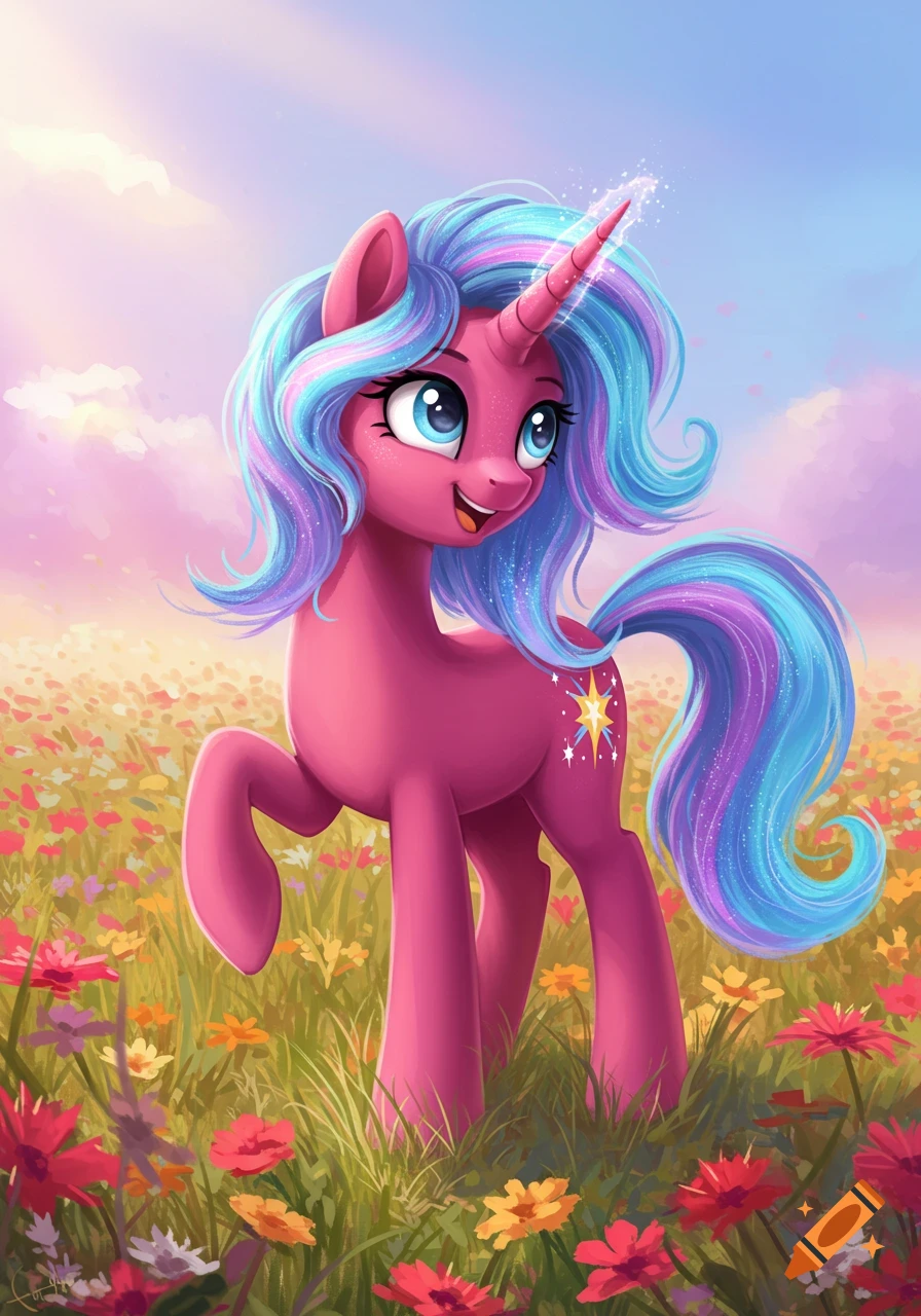 A pink cartoon unicorn with blue and purple mane stands in a field of flowers under a cloudy sky.