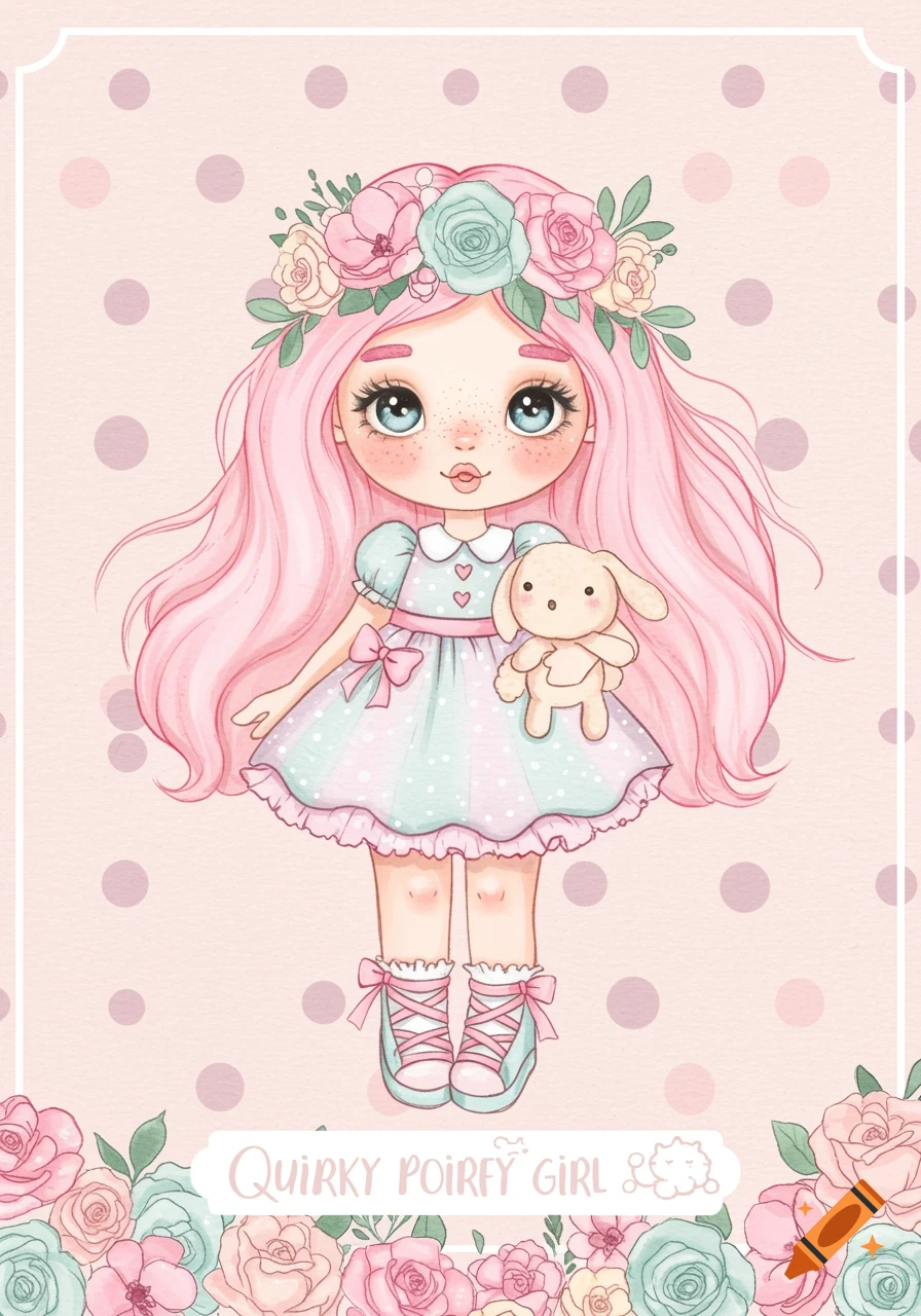 Cute cartoon girl with pink hair, flower crown, holding a bunny, surrounded by flowers and polka dots, in watercolor style.