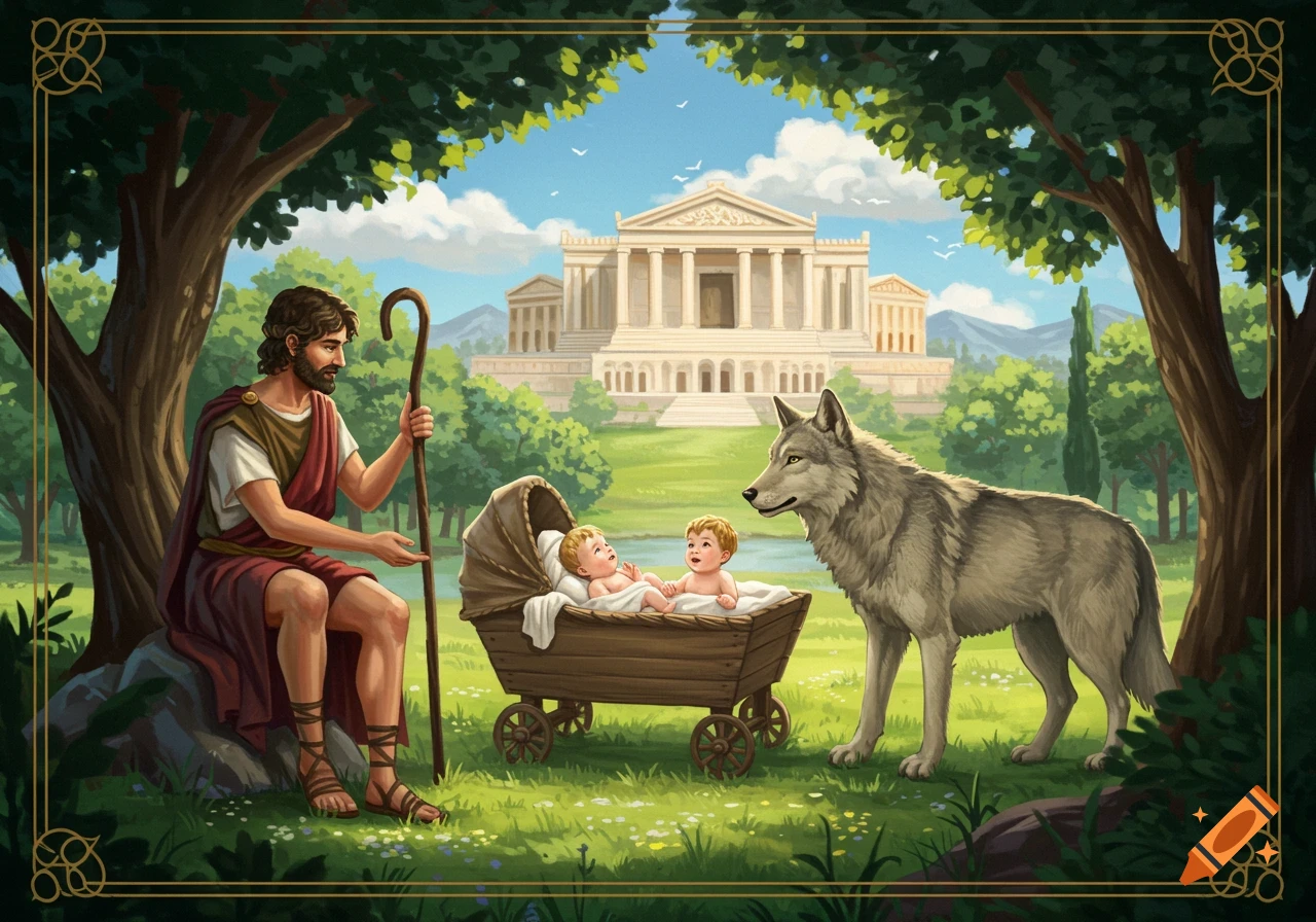 A shepherd with two babies in a cradle beside a wolf, with a classical building in the background.