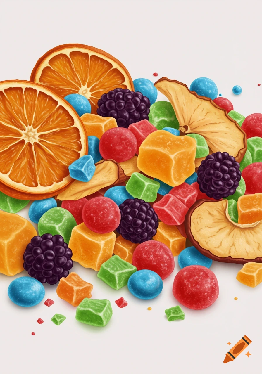 A mix of colorful candies and dried fruit.