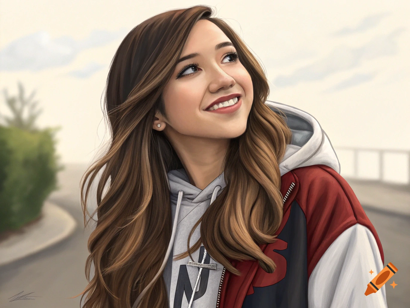 Realistic illustration of a young woman with long brown hair, wearing a jacket, smiling and looking up