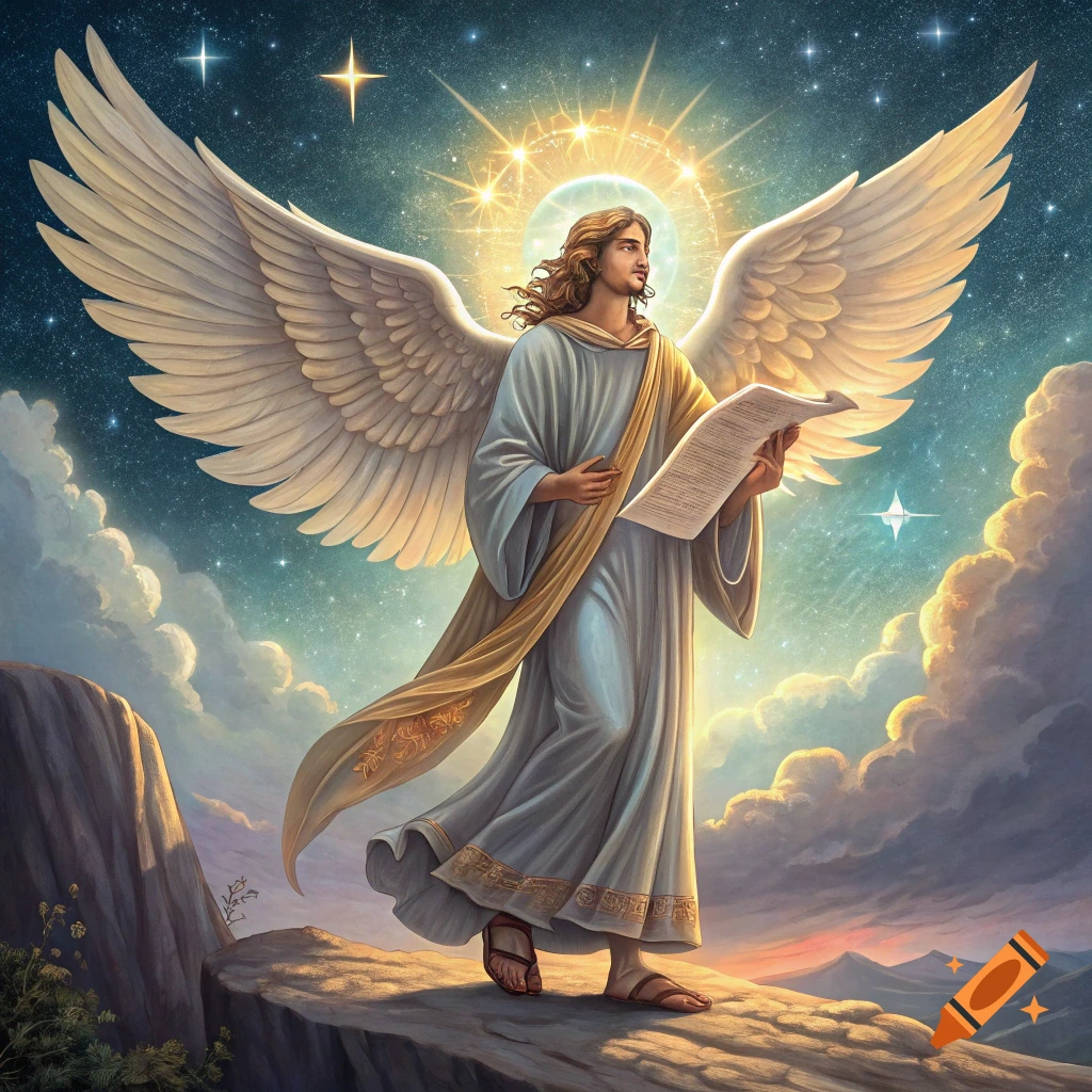 An angel with large wings stands on a cliff, holding a scroll, under a starry sky.