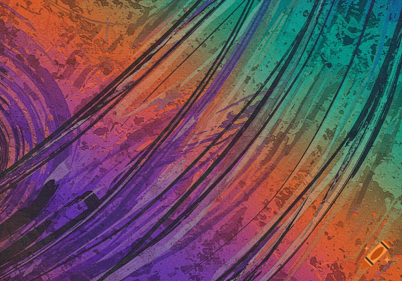 Abstract painting with swirling purple, orange, teal, and green colors and textured splatters.