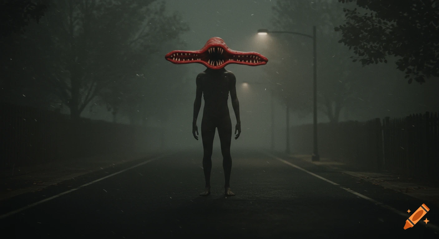 A tall, thin monster with a wide red toothy head stands on a foggy street at night.
