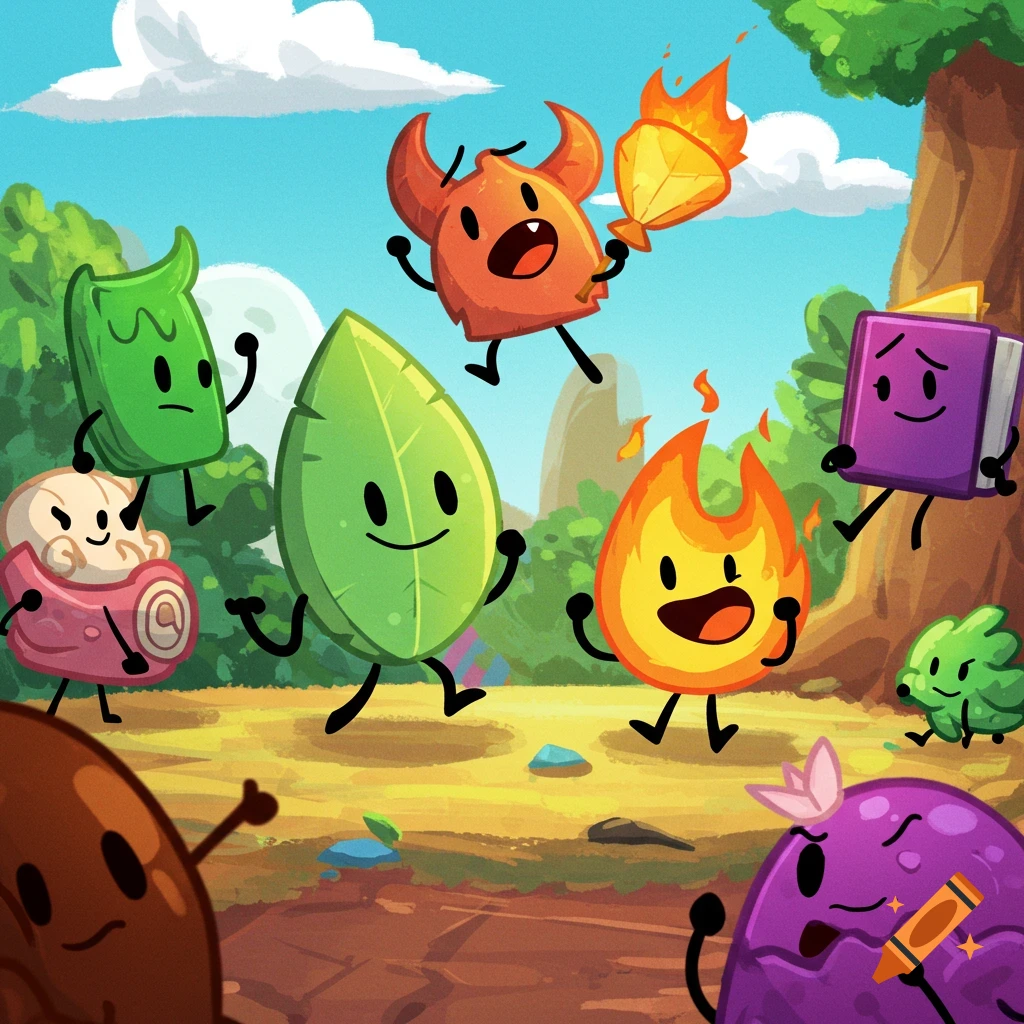 Cartoon object characters (leaf, fire, book, etc.) with faces and limbs interacting happily outdoors.