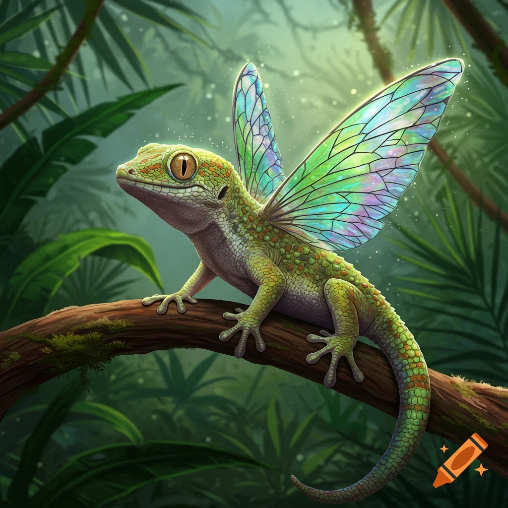 A green and orange gecko with iridescent fairy wings perched on a branch in a jungle.