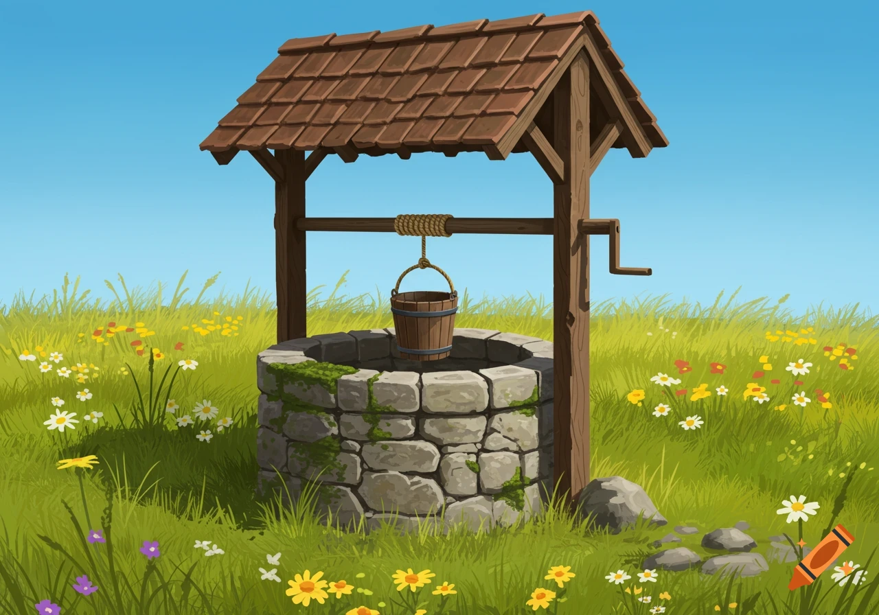 A stone well with a wooden roof and bucket in a grassy field with flowers under a blue sky.