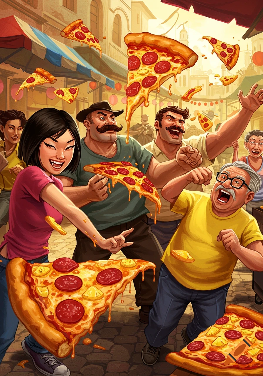 People having a chaotic pizza fight, throwing and catching pizza slices.