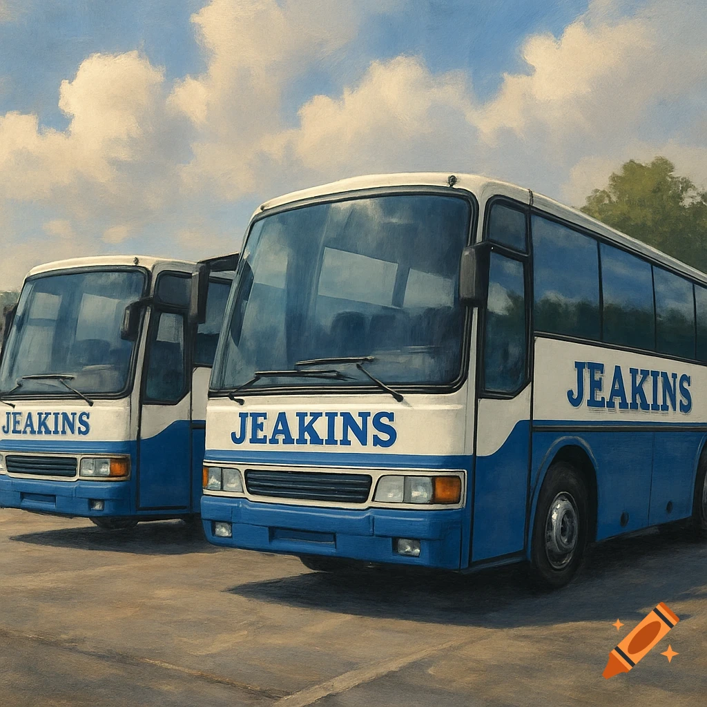 Two white and blue buses parked outside