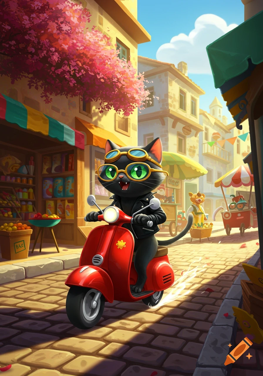 A cartoon black cat rides a red scooter down a sunny cobblestone street past shops.