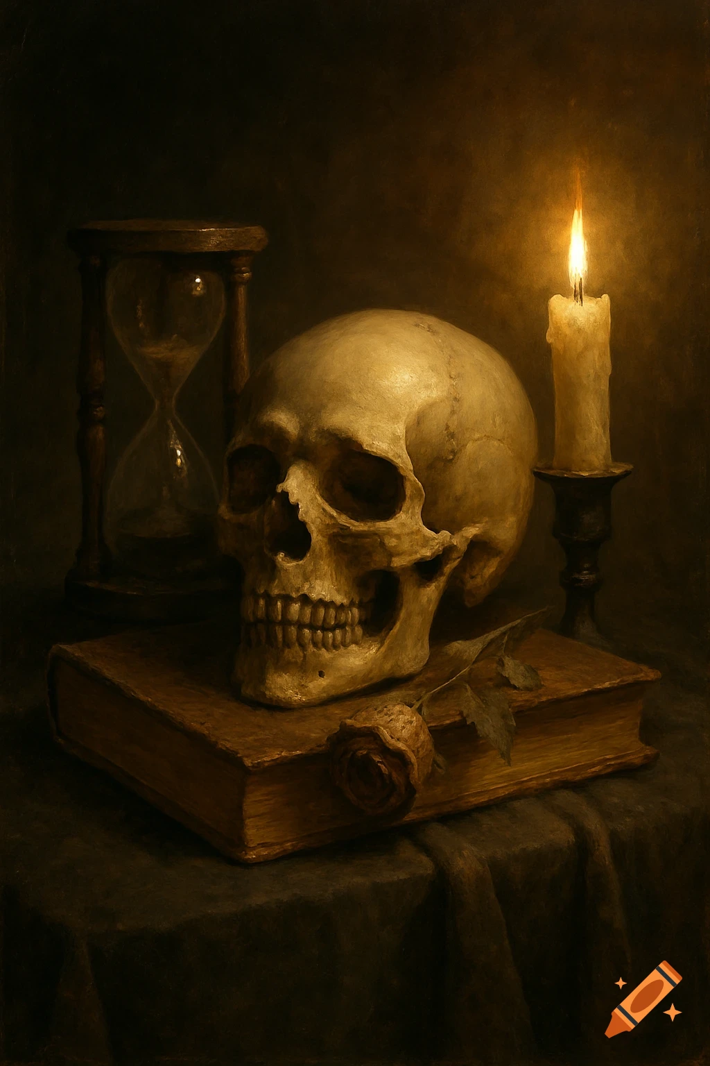 Still life painting of a skull, hourglass, candle, book, and rose.