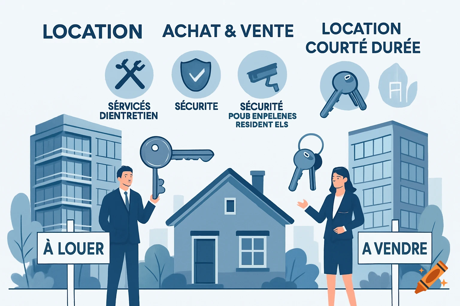 Illustration of a modern real estate agency with agents, buildings, keys, and service icons.