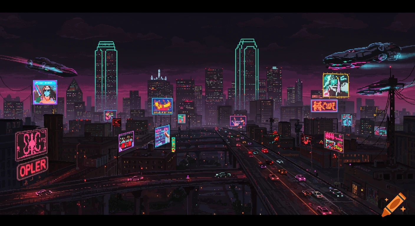 A sprawling cyberpunk city at night in pixel art style, with glowing skyscrapers, flying vehicles, and neon signs.