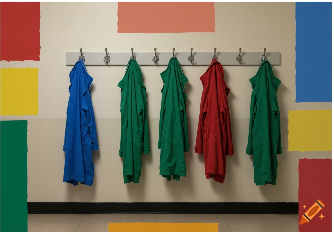 Coats hanging on a rack in a school hallway with colorful painted rectangles on the wall.