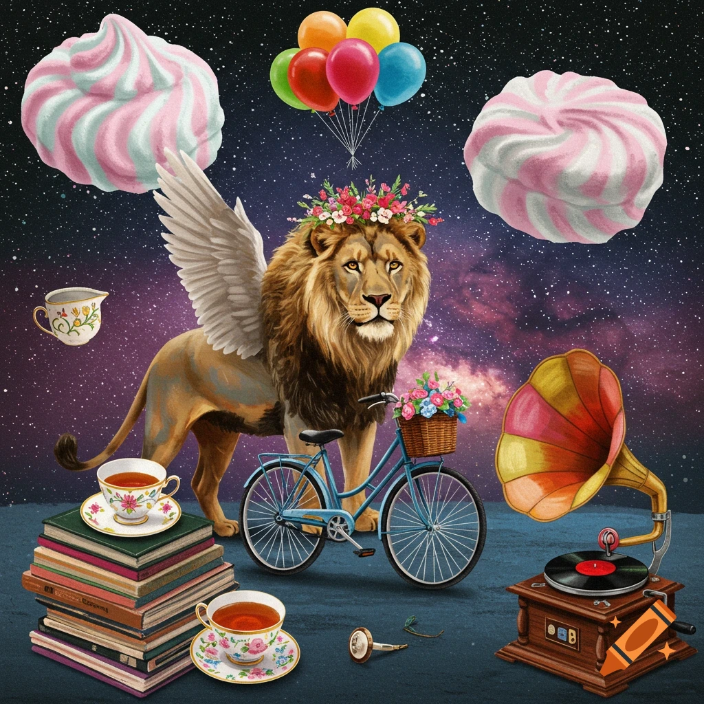 A winged lion wearing a flower crown stands next to a bicycle, surrounded by books, teacups, a gramophone, and floating meringue in a starry sky.