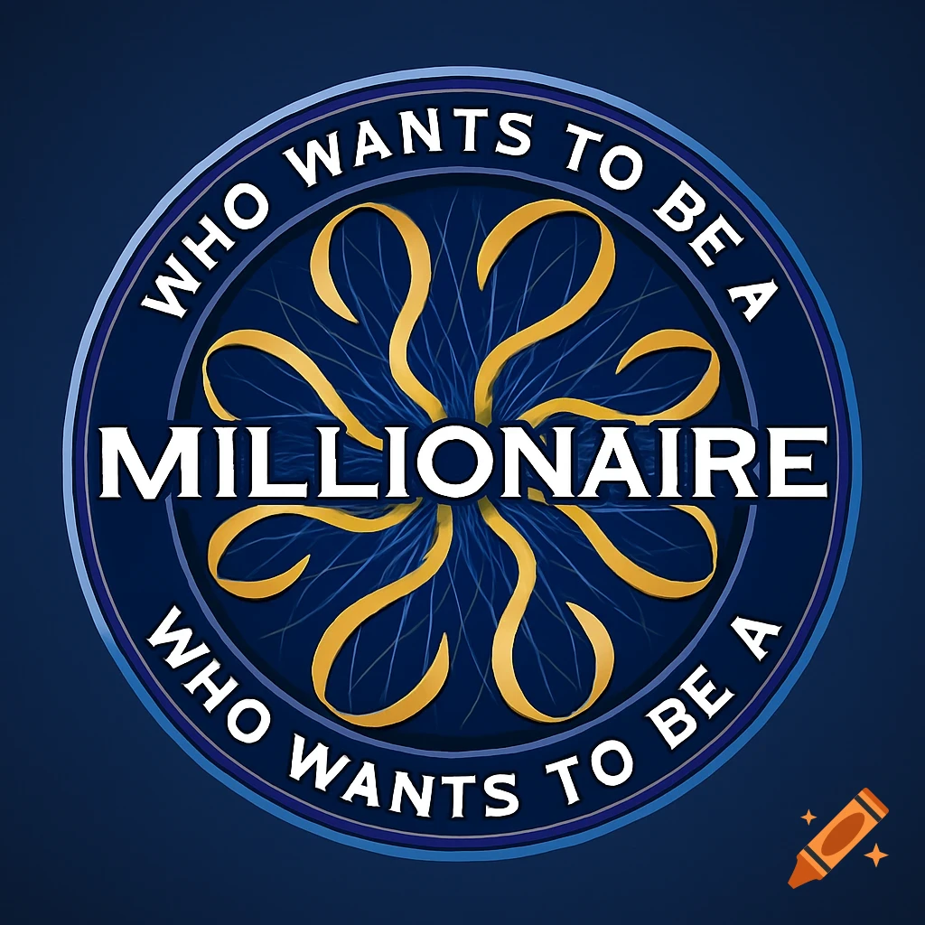 Logo for the Who Wants To Be A Millionaire game show with gold question mark design on a blue background.