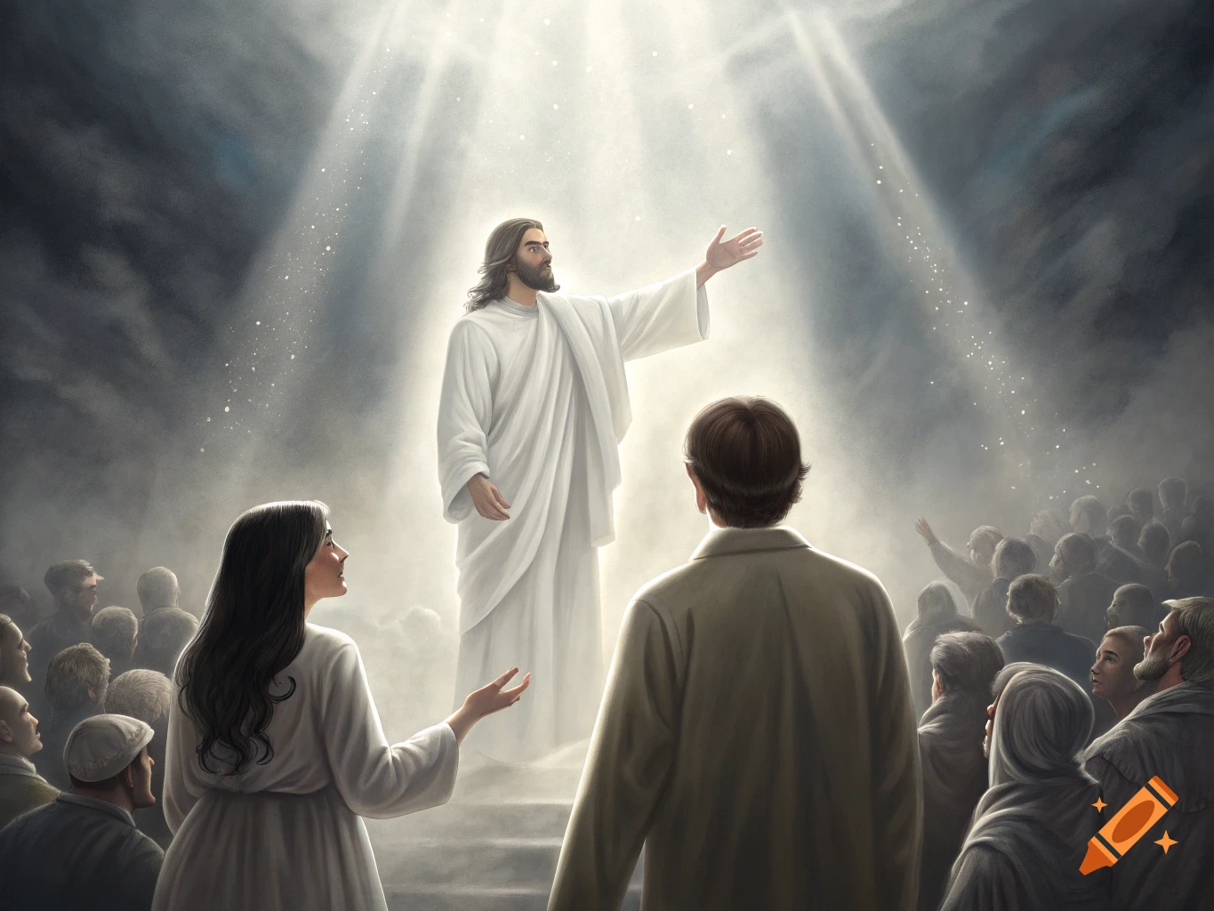 Jesus stands illuminated, speaking to a crowd bathed in light rays.