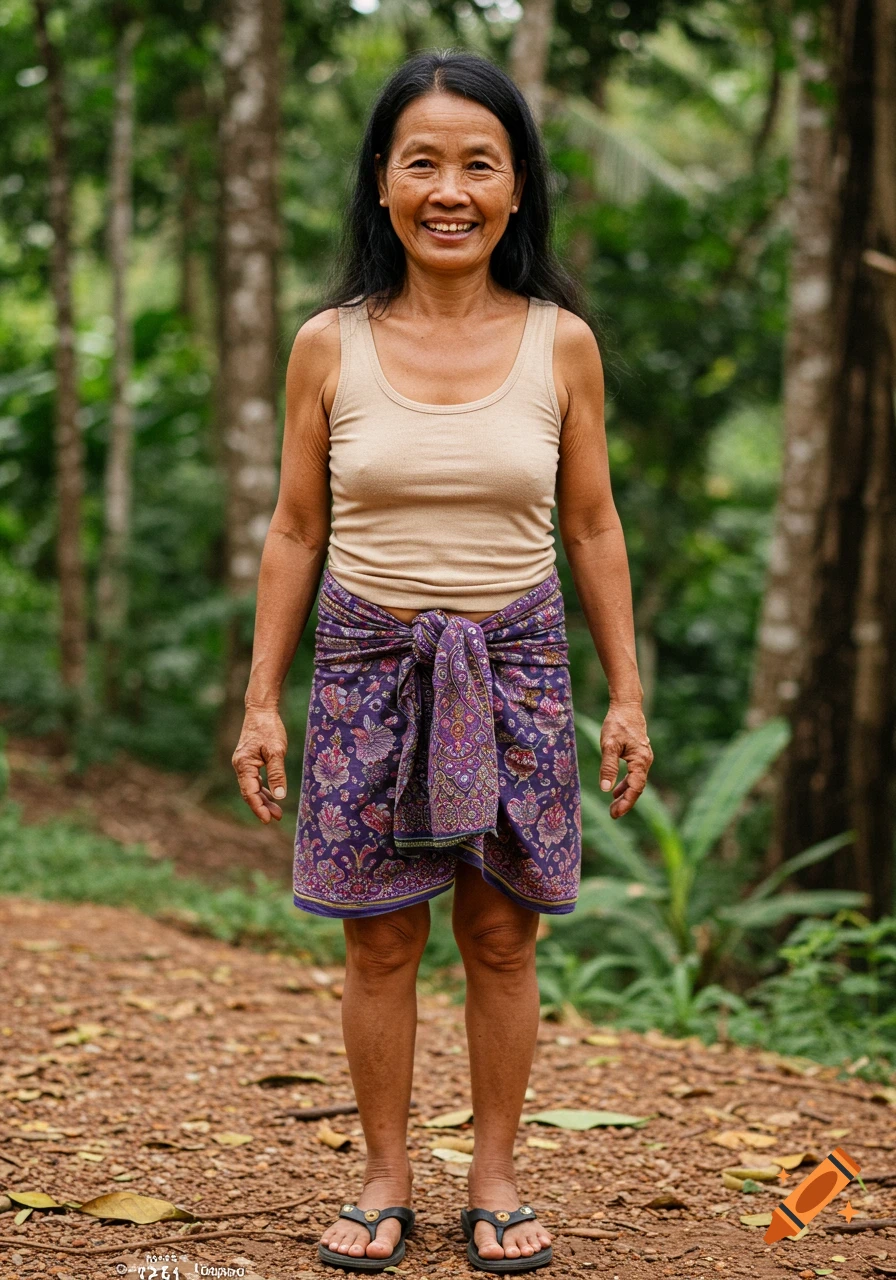 Photorealistic portrait of a smiling woman in a tank top and patterned skirt standing in a jungle clearing.