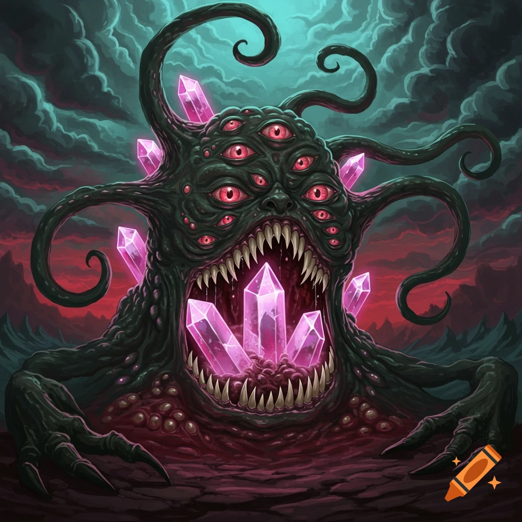 A multi-eyed, tentacled monster with glowing pink crystals in its mouth, in a dark, stormy atmosphere.