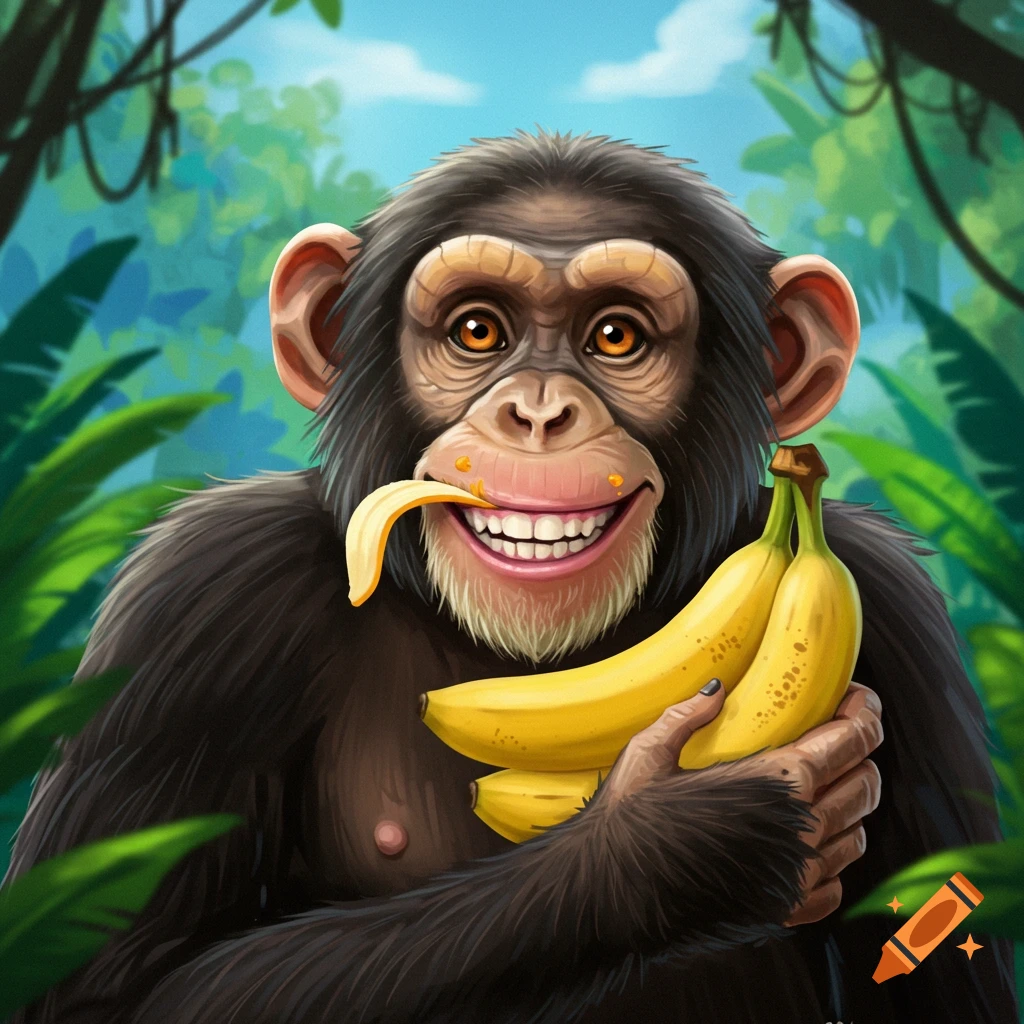 A smiling chimpanzee holds bananas in a jungle.