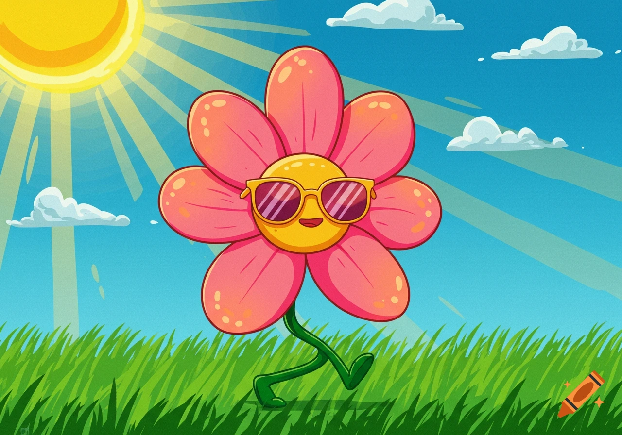 Cartoon flower wearing sunglasses walking in sunny field