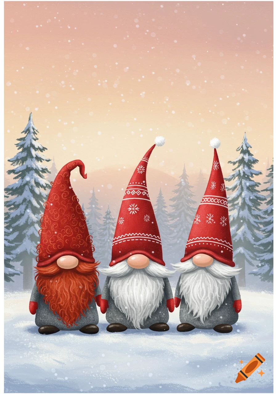 Three Christmas gnomes in a snowy winter forest.
