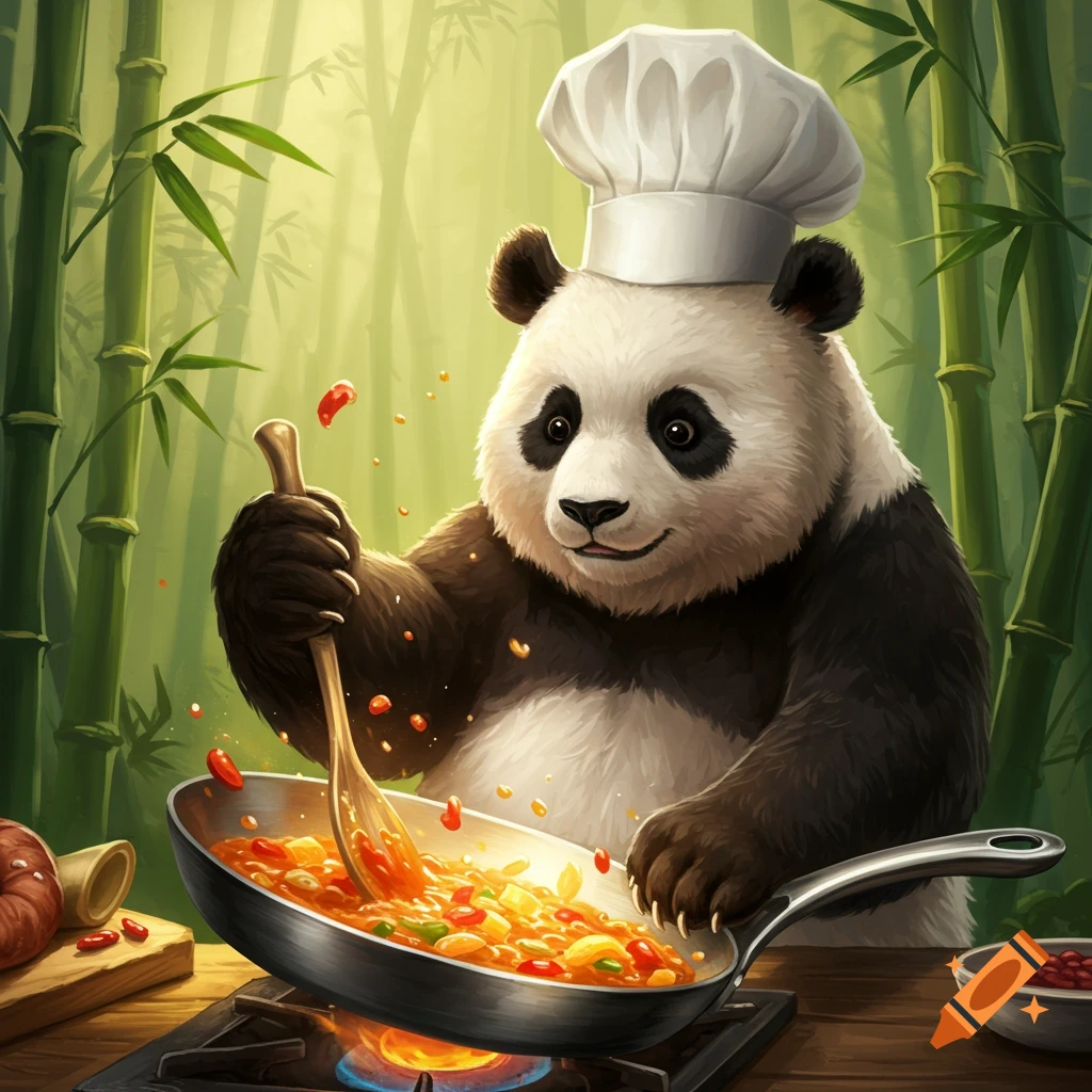 Cartoon panda chef cooking in a pan in a bamboo forest.
