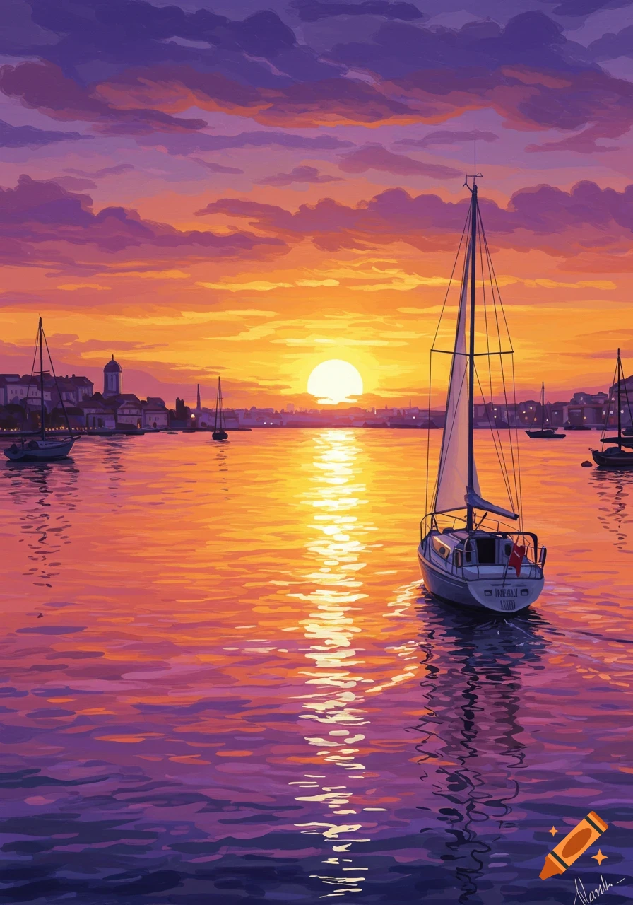 Sailboats on the water at sunset with a city skyline.