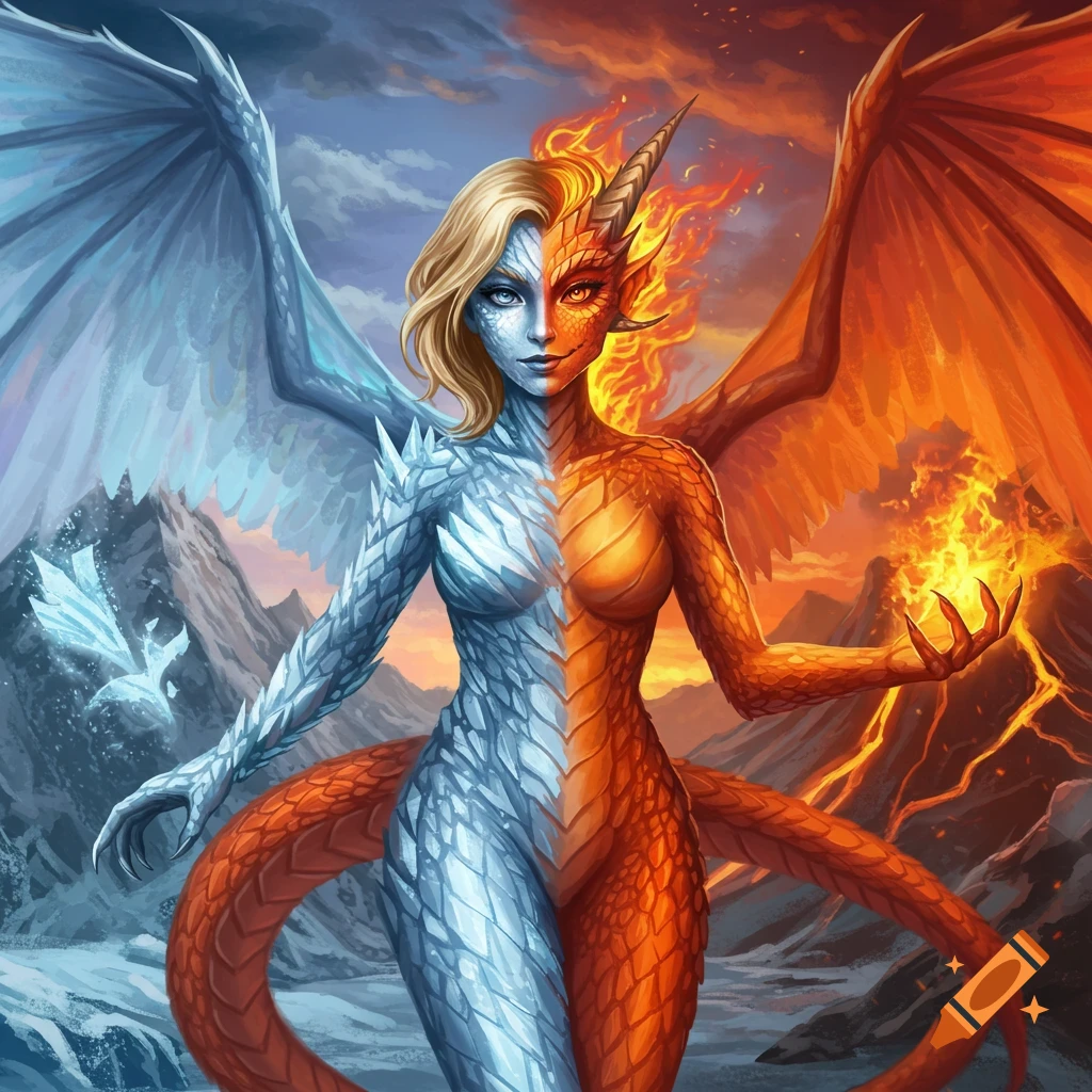 A split image of a half ice dragon girl and half fire dragon girl with blonde hair and wings, standing between icy mountains and fiery volcanoes.