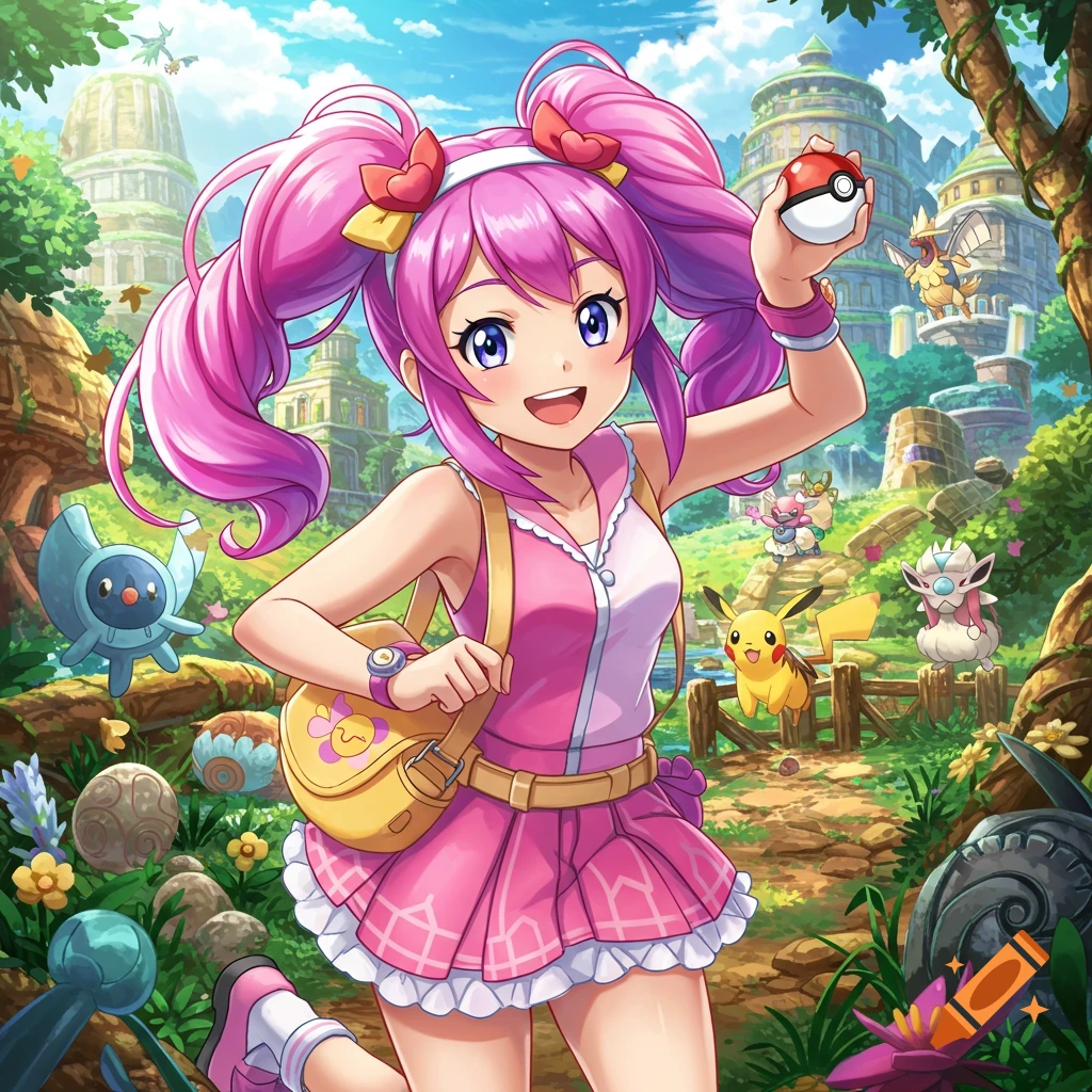 Anime girl with pink hair holding a Pokeball, with Pikachu and other Pokemon in a fantasy setting.